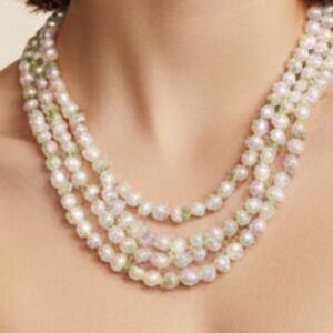 14k Triple strand Pearl and gem necklace 14k ball clasp